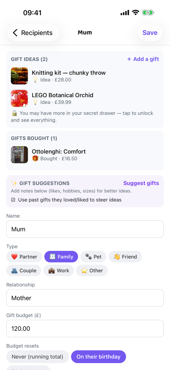 A person's page in the app: gift ideas, gifts bought with their hiding place, and previous gifts with how they went down