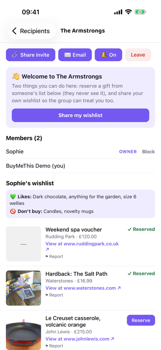 A family group: each member's wishlist with reserve buttons; the owner never sees who reserved