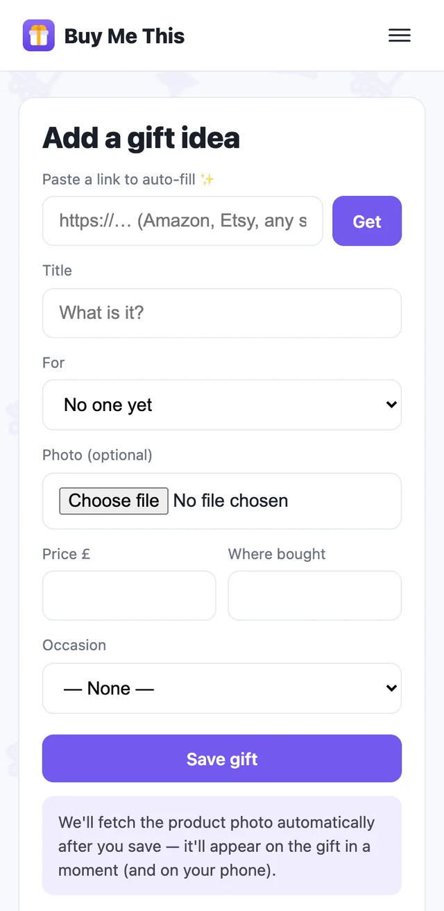 The Add a gift idea form