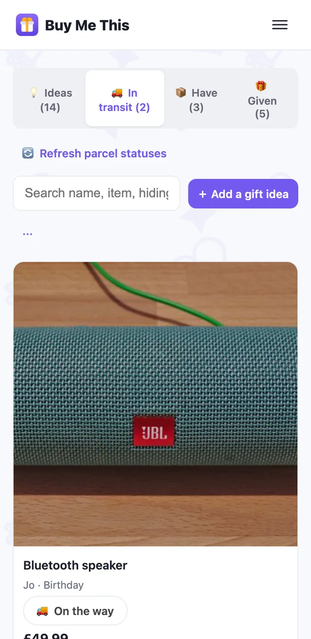 The In transit tab listing ordered gifts