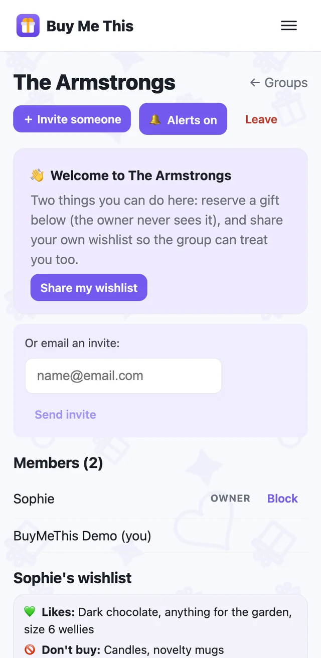 The top of a group page: invite, alerts, members and the welcome card