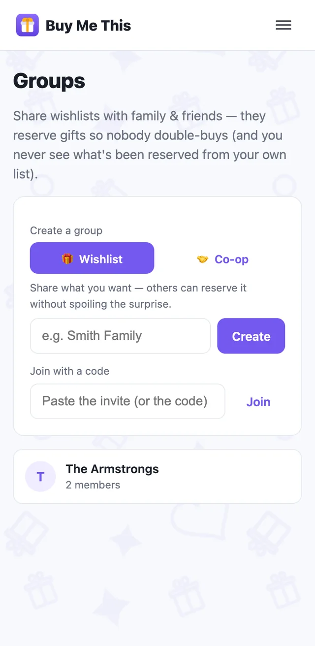 The Groups page: create a group or join with a code