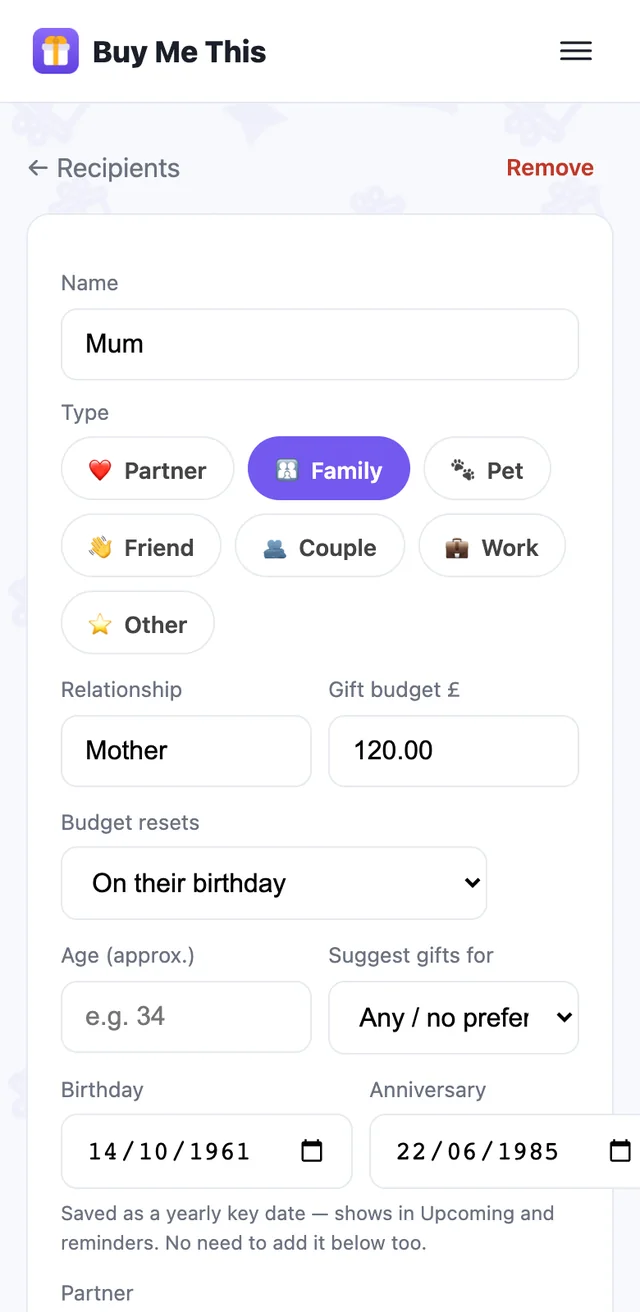 A recipient's page with name, type, relationship, budget and dates